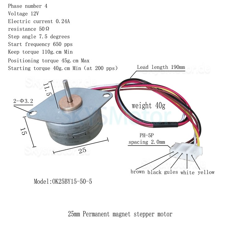 Oukeda Permanentmagnet Schrittmotor 4 Phasen OK25BY15-50-5 7,5 Grad 0,24A 44mN.m